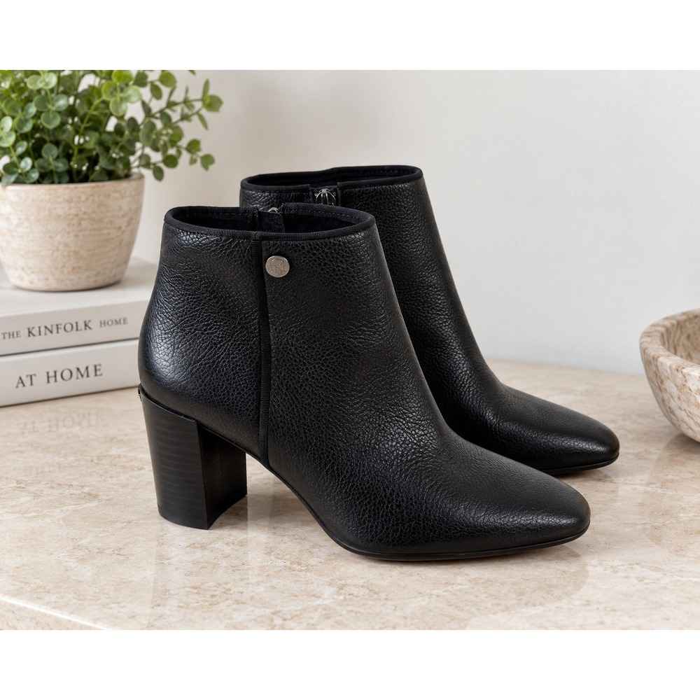 Karl Lagerfeld Paris Ramma Leather Block Heel Ankle Boots Black Size 7.5M